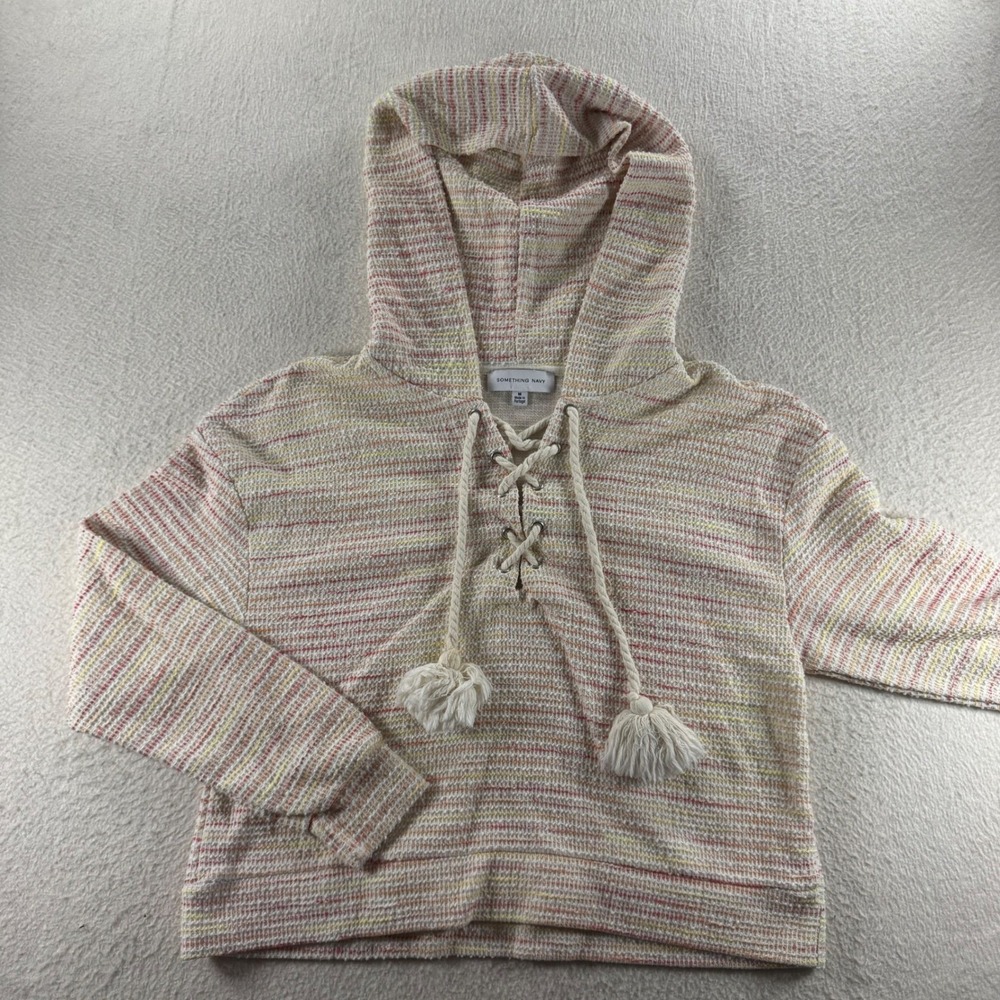Something Navy Women's Hoodie M Waffle Knit Lace Up Tassel Drawstring Cozy